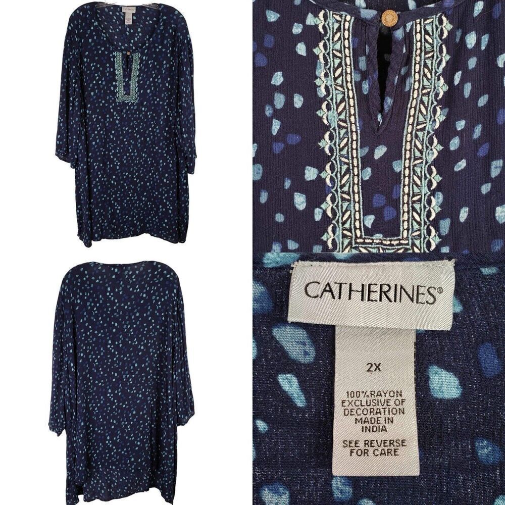Catherines Tunic Top Womens Plus Size 2X Blue Speckled LS Blouse Popover